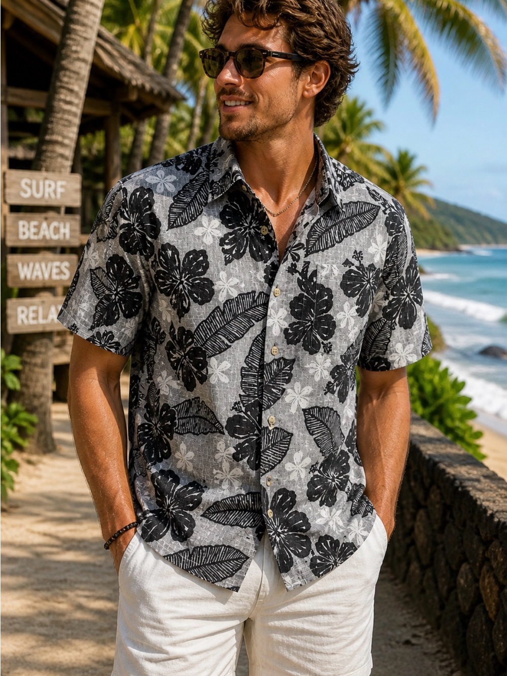 Go Barefoot Hawaiian Shirt Men's Medium Gray & Black Floral Aloha Button Up